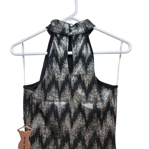 Chevron Print Bodycon Mini Dress Halter Neck Keyhole Back Haute Black Silver M - Picture 5 of 10
